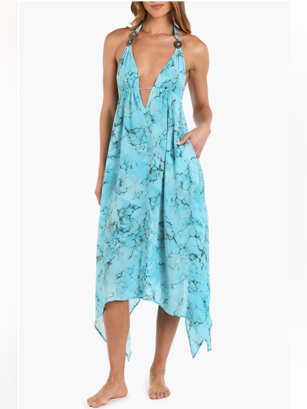 L'agence Turquoise Marble Halter Plunge Cover-Up Dress. New With Tag. Size Xs